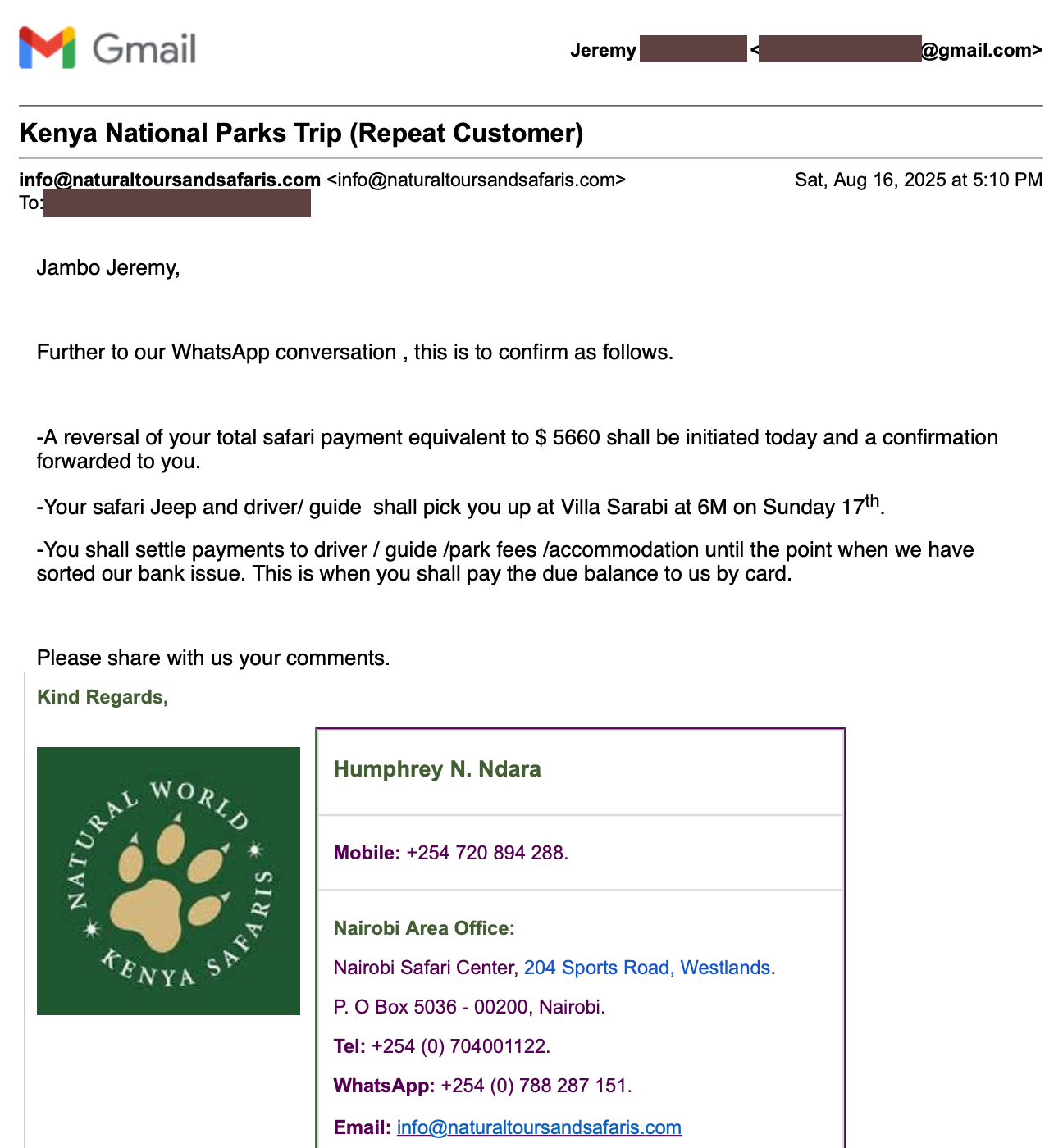 Email confirming agreement for refund